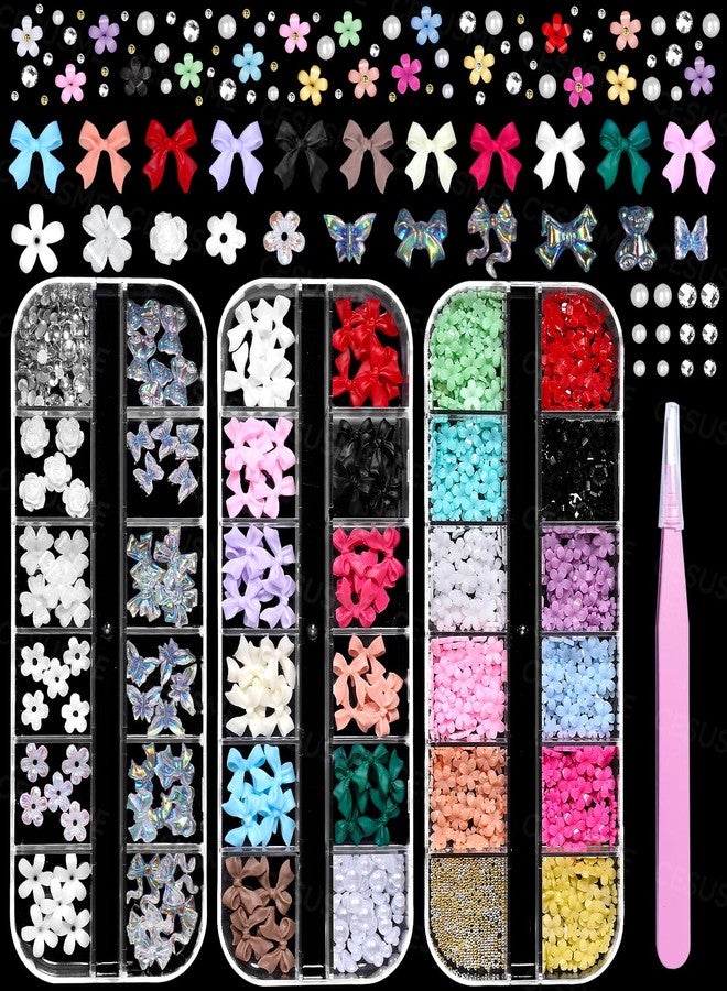 CESUSME 3 Boxes Bow Flower Nail Charms, 3D Color Flowers Nail Bows Charms for Nails Art, Polar Butterfly Bowknot Nail Art Charms, White Rose Flower Charms for Nail Art Jewels Supplies DIY Craft - Image 1